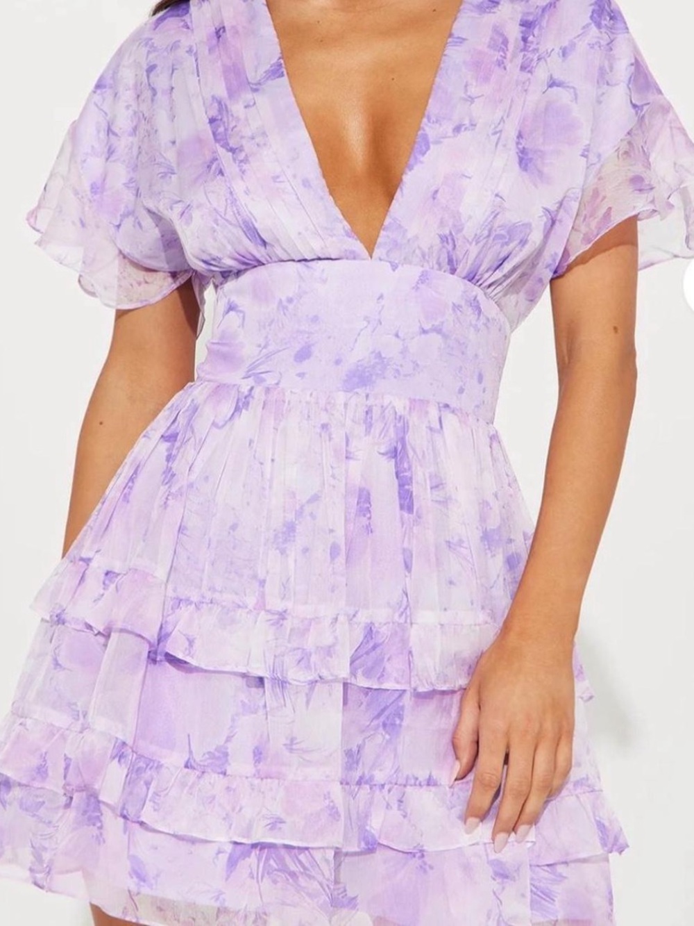 Fashion Nova Lavender Floral Tiered V-Neck Mini Dress - Size XS